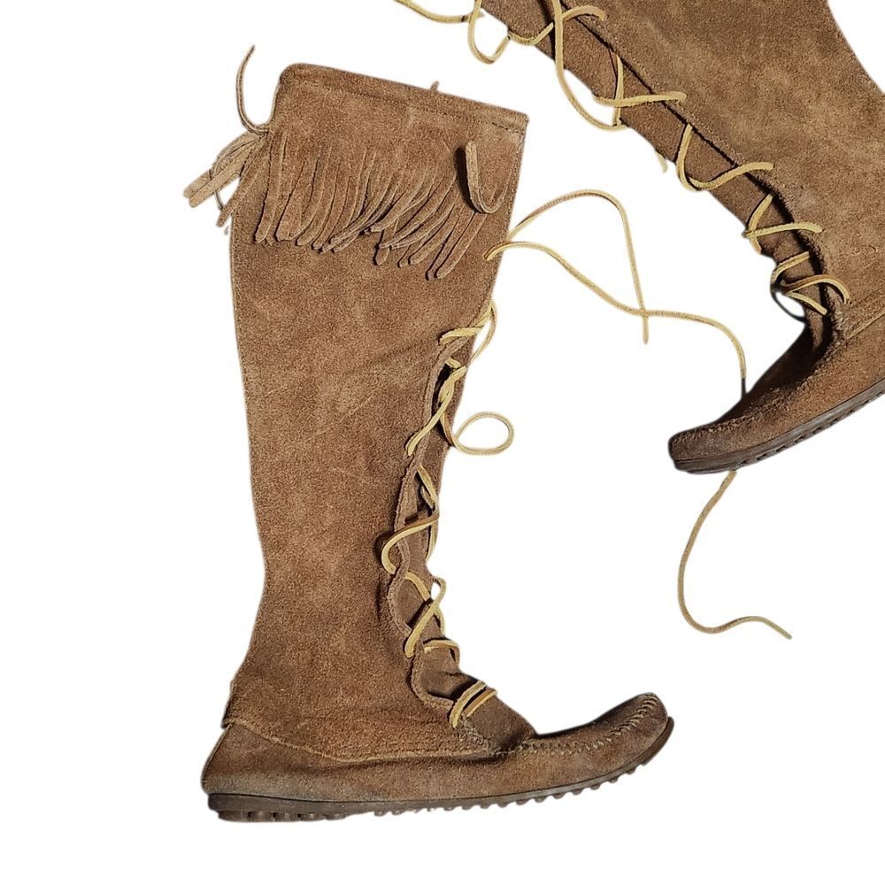 MINNETONKA Leather Moccasin Knee Boots Size 8 Fringe Boho Festival Western Indie - Picture 2 of 8
